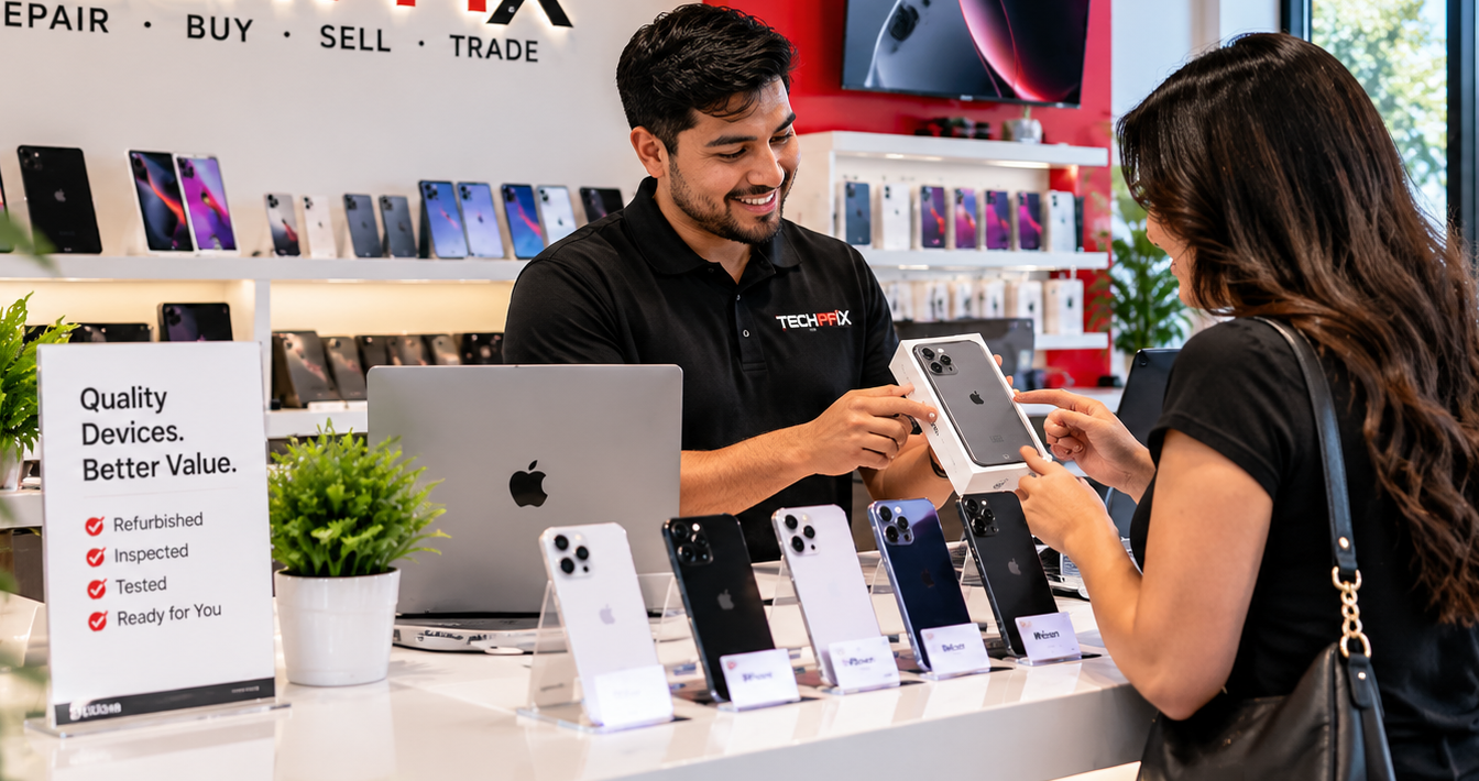 Customer shopping for refurbished phones and electronics at TECH PFIX in Pflugerville Texas