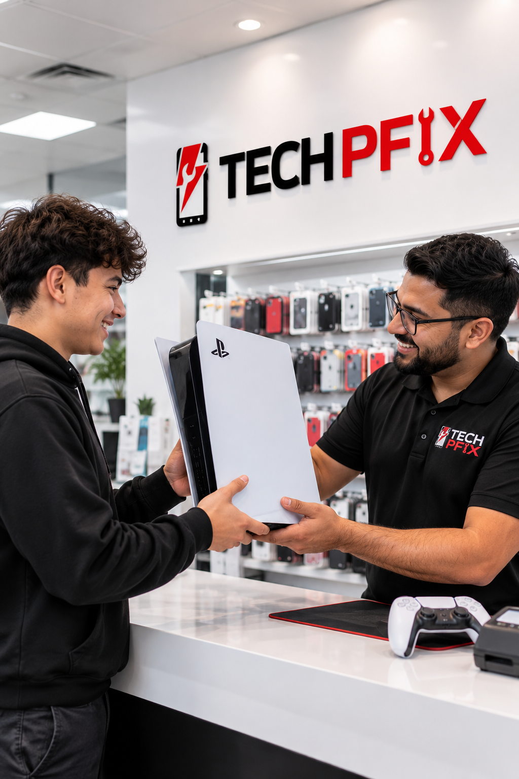 Happy TECH PFIX customer picking up a repaired PlayStation 5 in Pflugerville Texas